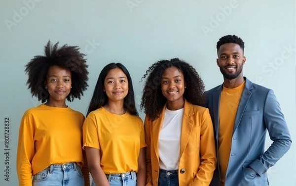 Fototapeta A diverse group of four young professionals standing together against a light background, representing teamwork, inclusion, and confidence. High quality