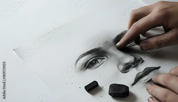 Obraz Artist blending charcoal on a portrait drawing to create subtle shading