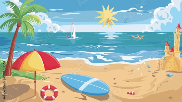 Fototapeta Vector art of beach vacation with umbrella and surfboard