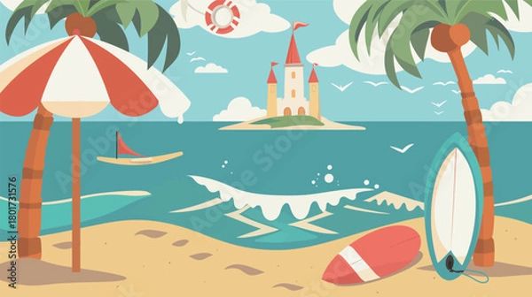 Fototapeta Vector art of beach vacation with umbrella and surfboard