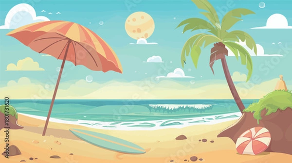 Fototapeta Vector art of beach vacation with umbrella and surfboard
