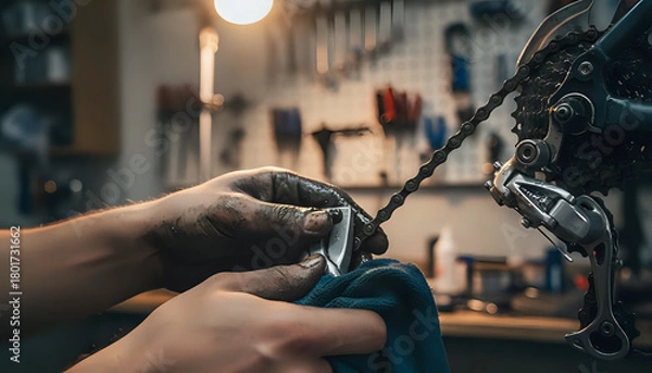 Obraz Mechanic cleans bicycle derailleur and chain with a cloth in workshop area