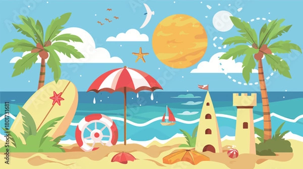 Fototapeta Vector art of beach vacation with umbrella and surfboard