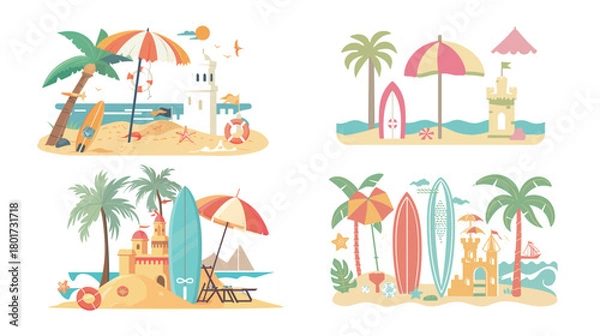 Fototapeta Vector art of beach vacation with umbrella and surfboard