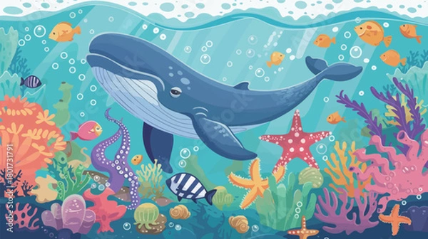Fototapeta Vector art of ocean life with whale, starfish and coral