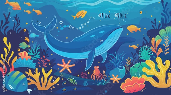 Fototapeta Vector art of ocean life with whale, starfish and coral