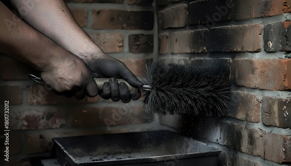 Obraz Chimney sweep cleans brick fireplace with brush and soot removal equipment