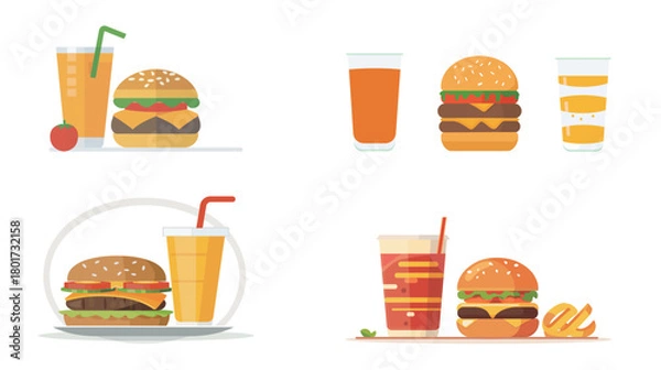 Fototapeta Sleek colorful flat design hamburger and juice illustration