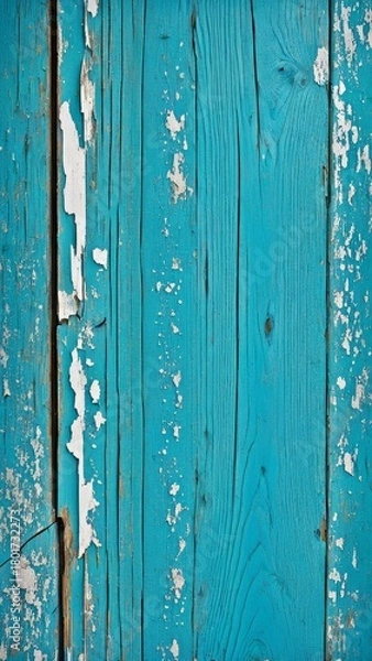 Obraz Old wooden surface with cracked and peeling turquoise paint. Rustic weathered wood texture perfect for background, design, or vintage projects.