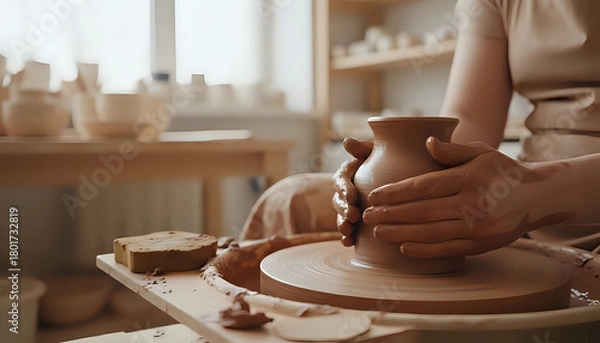 Fototapeta Hands shaping clay on a pottery wheel in a bright and airy studio space