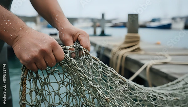 Fototapeta Fisherman holds fishing net on dock preparing for fishing in the ocean