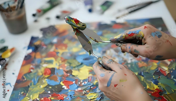 Obraz Artist mixes vibrant oil paints with palette knives for abstract artwork