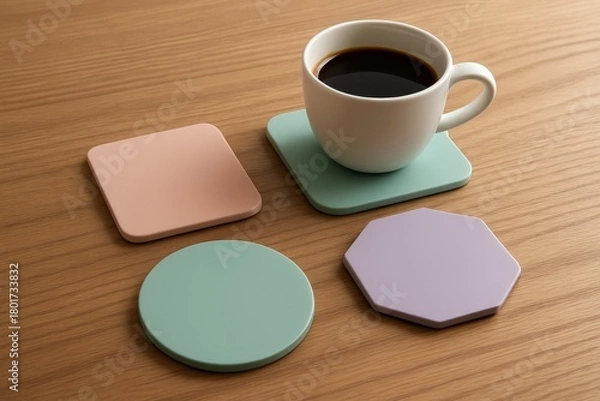 Fototapeta Cup of black coffee on pastel square coaster with set of colorful geometric coasters in different shapes on wooden table.