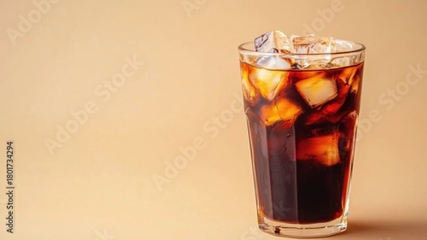 Fototapeta Glass of iced coffee with ice cubes on beige background — ideal for summer, refreshing and healthy content.Glass of iced coffee with ice cubes on beige background — ideal for summer, refreshing and he