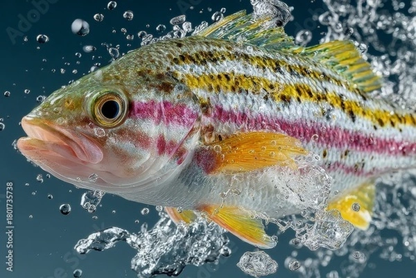 Obraz Large silvery-brown and pink striped fish jumping out of water with white splash on dark blue background, hyperrealistic wildlife action scene.