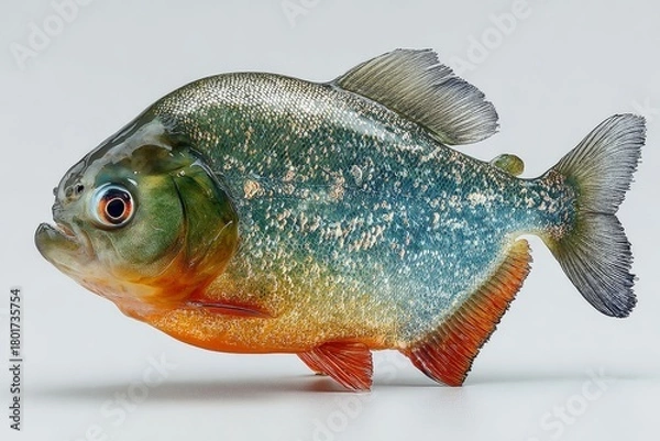 Fototapeta Realistic freshwater piranha isolated on white background, showcasing sharp teeth and detailed scales of the aquatic predator.