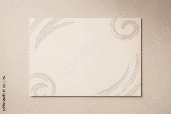 Fototapeta Blank beige paper card with abstract swirl brush border on textured background for invitation, greeting card or branding mockup.