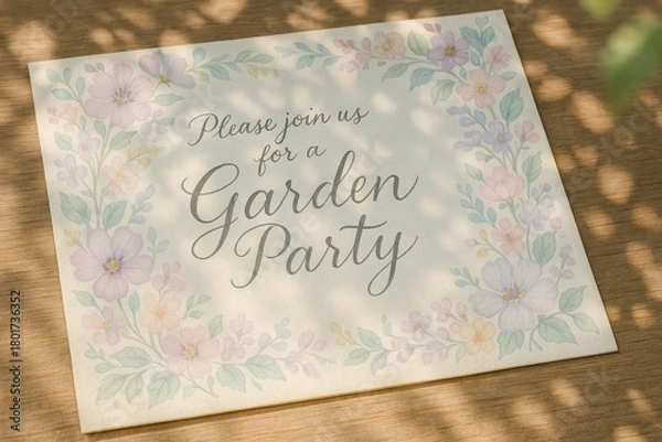 Fototapeta Garden party invitation card with pastel floral border on wooden table under soft natural light.