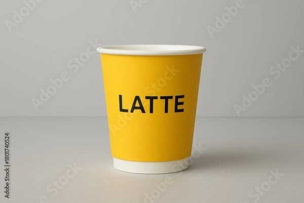 Obraz Yellow paper cup labeled latte standing on neutral background, minimal coffee packaging mockup.