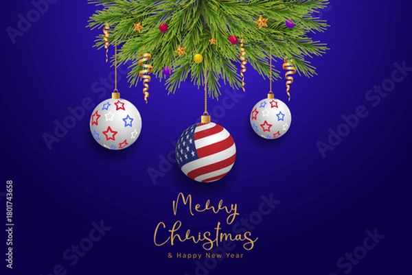 Obraz Merry Christmas and Happy New Year Celebration with USA Flag and Star Xmas Ball Ornaments Greeting Design