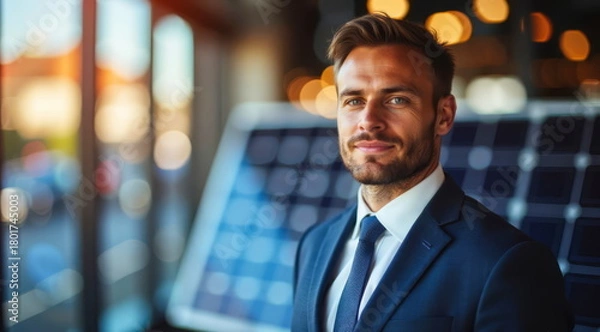 Fototapeta A young man, a solar panel sales manager, stands in his store wearing a suit