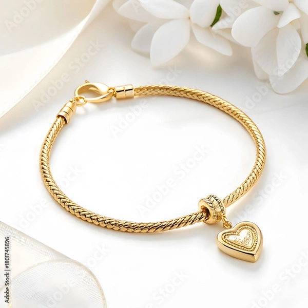 Fototapeta A luxurious gold bracelet featuring a delicate heart-shaped pendant, displayed on a white background