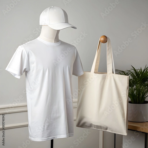 Obraz A clean mockup display featuring a white t-shirt, cap, and tote bag