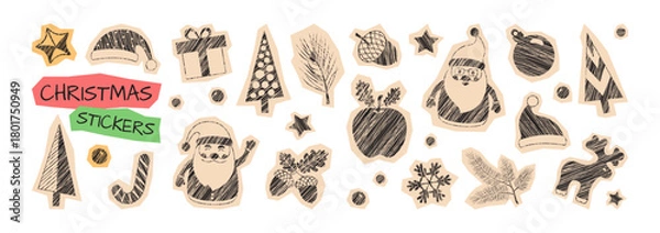 Obraz Christmas crayon sticker, winter scrapbook paper set. Santa hat, Xmas fir tree scribble. Doodle gift box, ball, apple, acorn. Reindeer and snowflake stickers isolated on white bg. Vector illustration