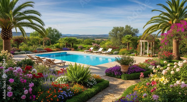 Obraz tropical resort with palm trees and pool