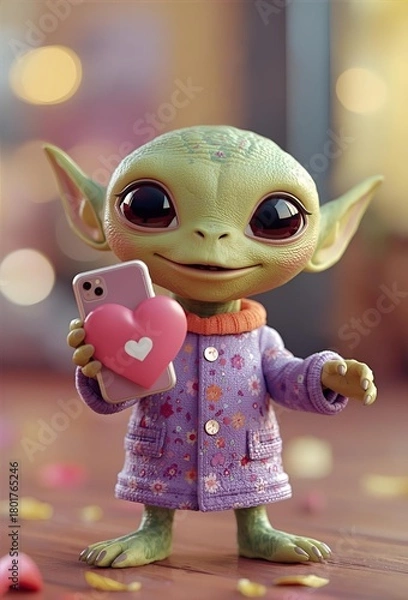 Fototapeta Cute 3D alien cartoon character holding a mobile phone on a bright background.