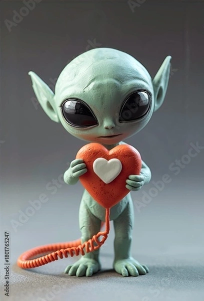 Fototapeta Blue-green alien as a red heart on a dark background.