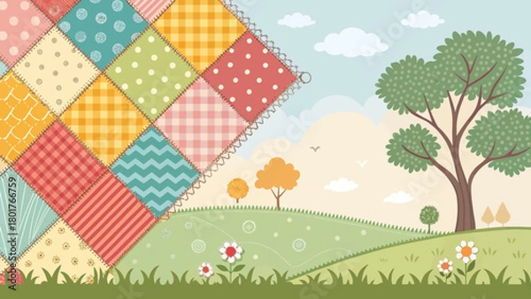 Obraz A colorful patchwork quilt design in a bright outdoor scene
