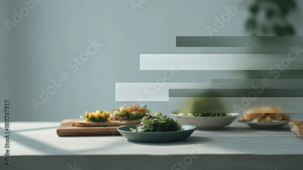 Fototapeta artistic food diary with augmented reality notes featuring blurred white text bars that evoke emotion