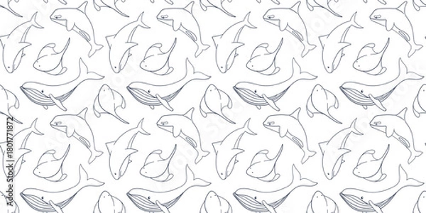 Fototapeta Seamless line art style seamless pattern with humpback whale, shark, stingray fish and killer whale swimming in the ocean. Background for marine and aquatic themed design.