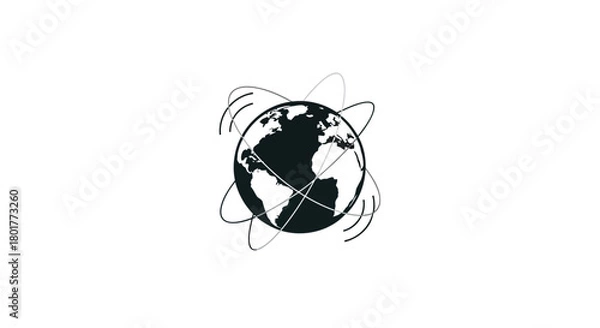 Fototapeta Stylized black and white illustration of planet earth with orbiting lines representing global connectivity and technology