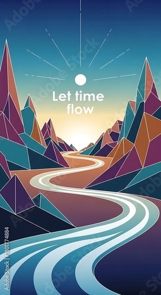 Obraz Abstract Winding River Through Geometric Mountains Under a Celestial Sky.