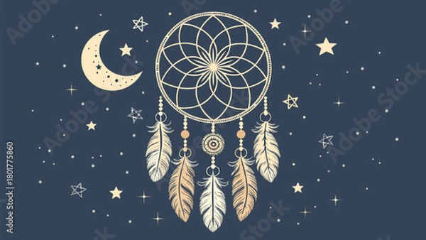 Obraz Dreamy boho design featuring a dreamcatcher under the moon and stars, perfect for spiritual projects, meditation apps, or peaceful relaxation visuals