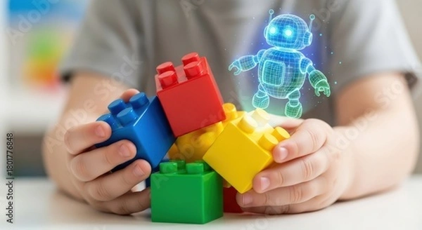 Fototapeta Child s hands holding colorful building blocks with a holographic robot emerging
