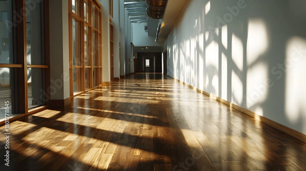 Obraz Clean hallway with wooden flooring natural sunlight modern architecture glass windows bright peaceful empty interior design