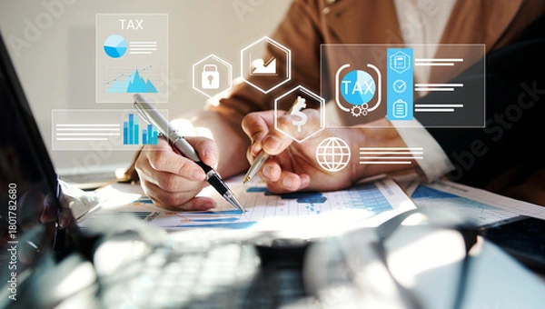 Fototapeta Business people organizing tax checklist through virtual interface. Tax planning services to maximize tax savings and optimize business finances