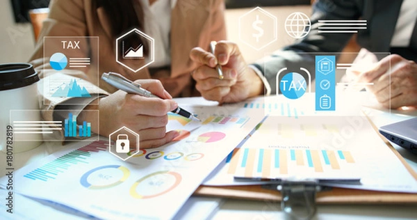 Fototapeta Business people organizing tax checklist through virtual interface. Tax planning services to maximize tax savings and optimize business finances