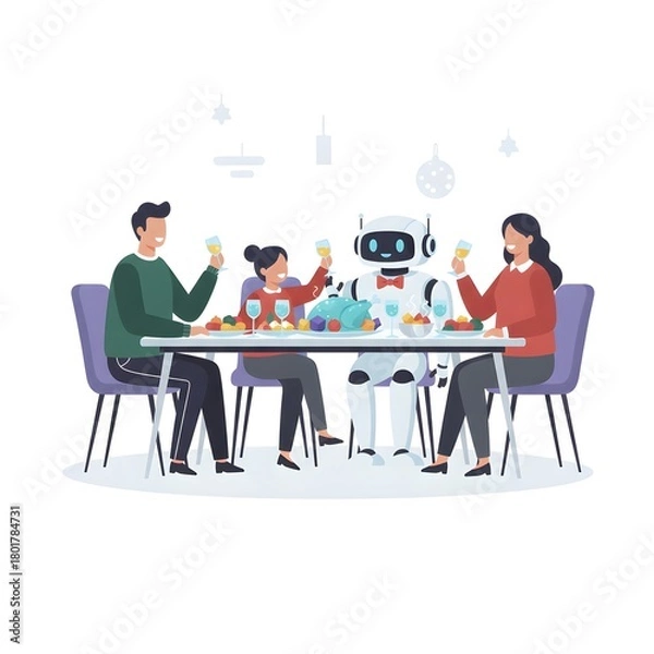 Fototapeta human and robot enjoying a Christmas feast at a modern dining table