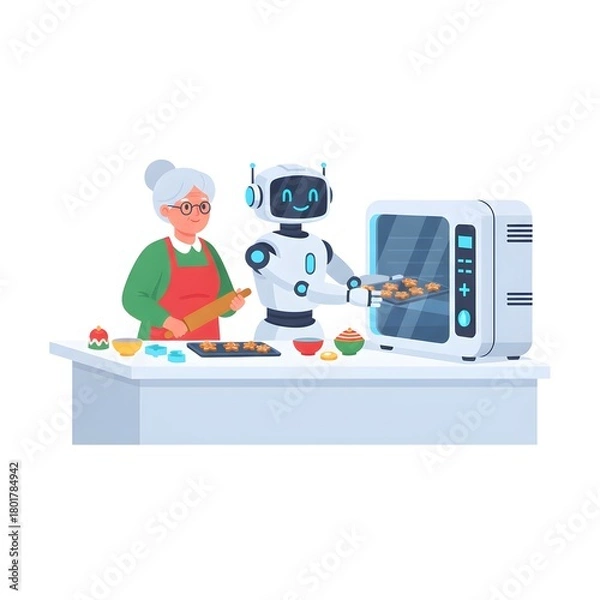 Obraz robot assistant helping a human grandmother bake traditional Christmas cookies