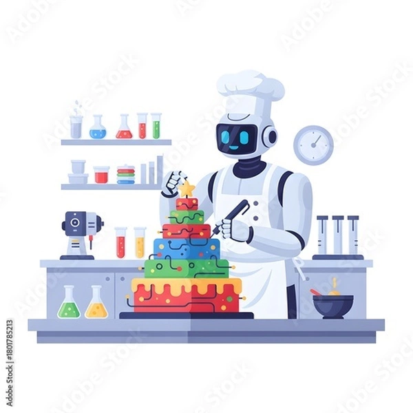 Fototapeta a robot chef preparing a multi-layered, geometric Christmas cake in a professional kitchen