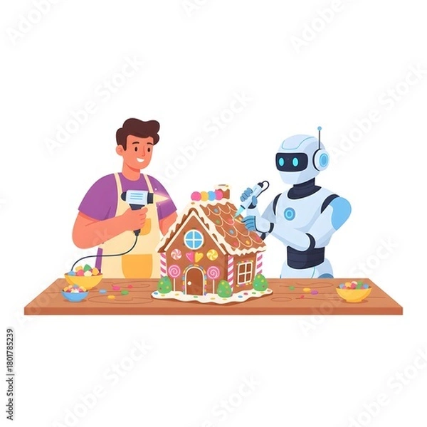 Fototapeta friendly human and companion robot building a gingerbread house with advanced tools
