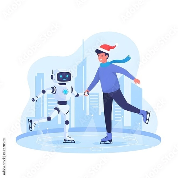 Fototapeta Christmas flat vector, human and robot ice skating on a glowing rink