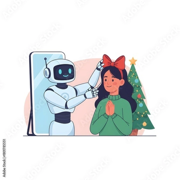 Fototapeta robot using its mechanical arm to precisely adjust a decorative bow on a human's hair/clothing for a Christmas party