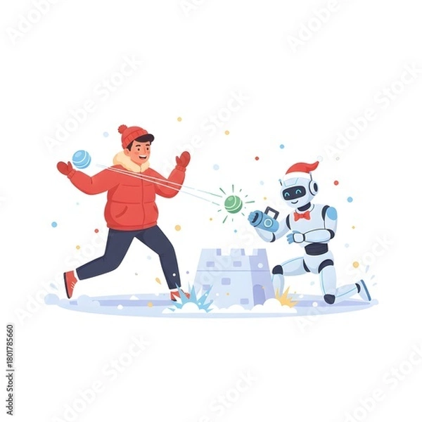 Fototapeta human and robot having a snowball fight with futuristic snowballs