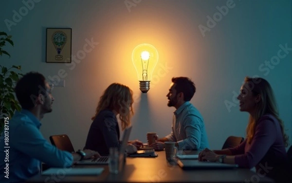 Fototapeta Sharing business ideas, collaboration meeting, sharing knowledge, teamwork or people thinking the same idea concept, smart thinking businessmen people office workers team up share lightbulb lamp idea.