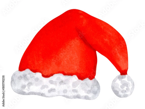 Fototapeta Santa hat. Red hat with soft, fluffy white trim and a pom-pom. Watercolor illustration. Hand-drawn isolated art. Suitable for cards, packaging and Christmas projects. Happy New Year
